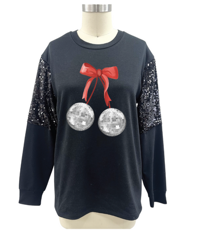Disco Ball with Bow on Light Weight Sequins Crewneck, Black