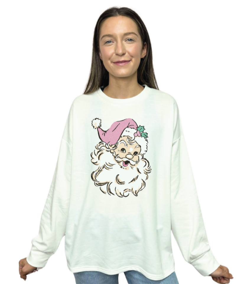 Cute Santa on French Terry Crewneck, White