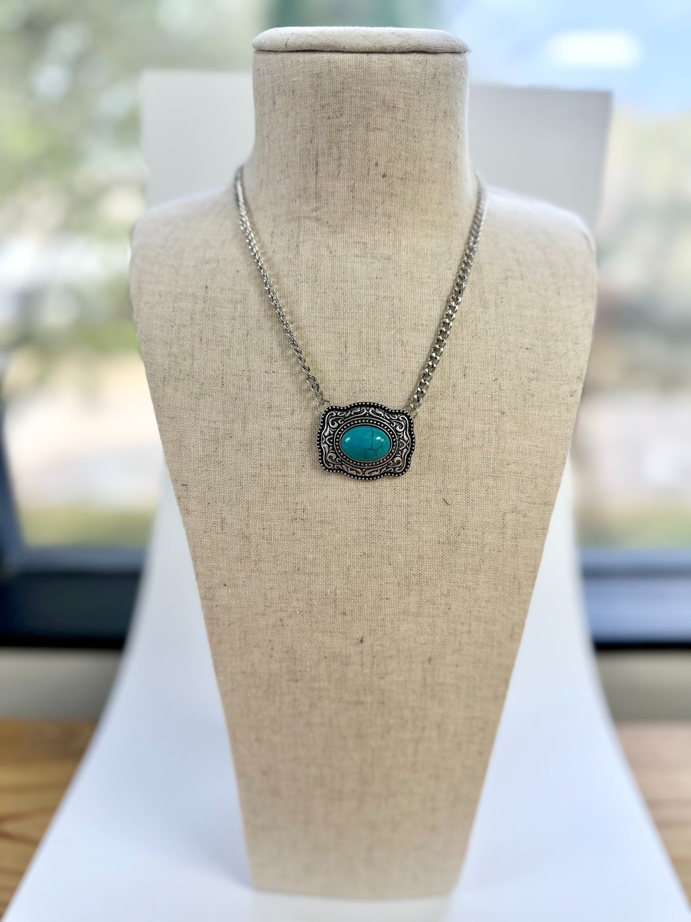 Dainty Silver Chain with Tooled Silver and Turqoise Pendant