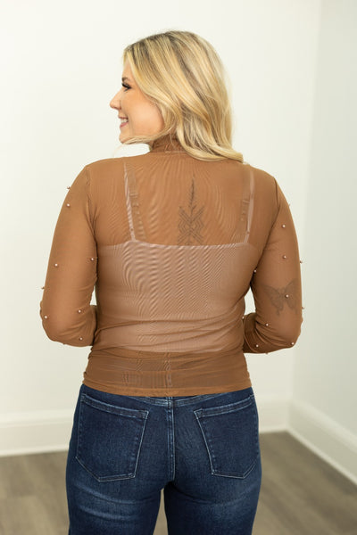 Mock Neck Mesh Top with Pearl Detail, Brown
