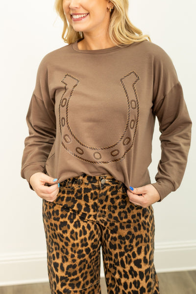 Horse Shoe on Light Weight Sweatshirt, Mocha