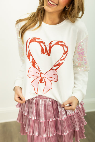 Heart Candy Canes on Light Weight Sequins Crewneck, White