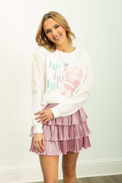 Ho Ho Ho on Light Weight Sequins Crewneck, White