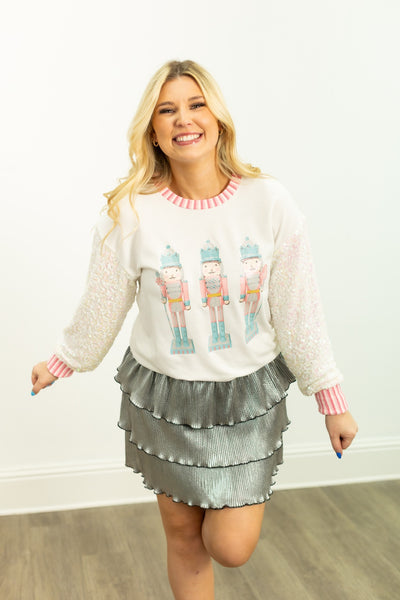Glitter Nutcrackers on White Top with Sequin Sleeves