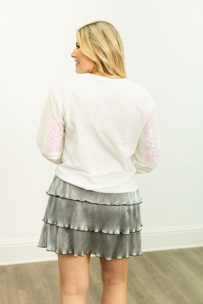 Merry & Bright on Light Weight Sequins Crewneck, White