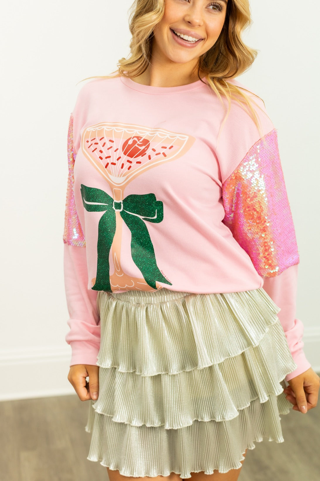 Christmas Cocktail on Light Weight Crewneck, Pink