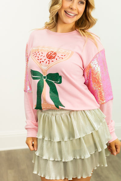Christmas Cocktail on Light Weight Crewneck, Pink