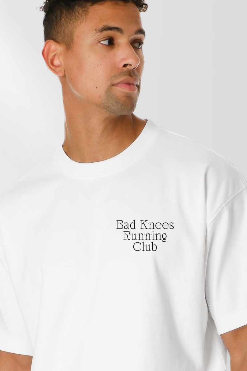 Bad Knees Running Club on White Box Tee