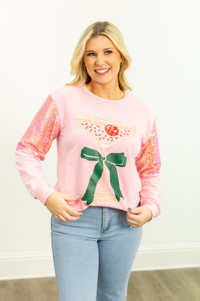 Christmas Cocktail on Light Weight Crewneck, Pink