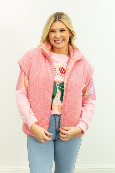 Sequin Puffer Vest, Pink