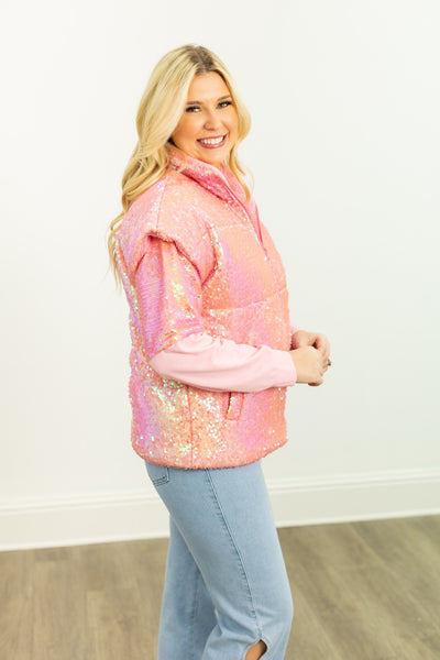 Sequin Puffer Vest, Pink