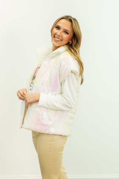 Sequin Puffer Vest, White