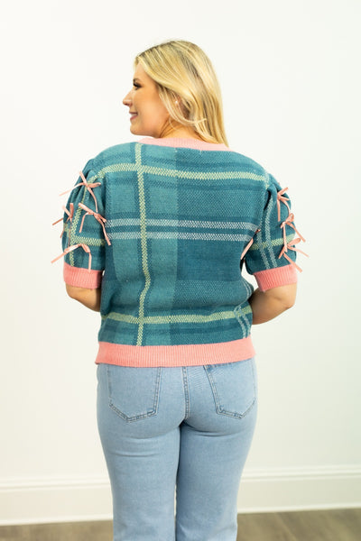 Plaid Sweater with Puff Sleeves
