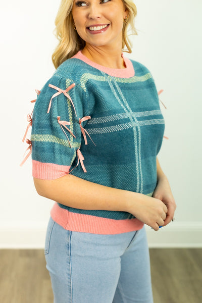 Plaid Sweater with Puff Sleeves