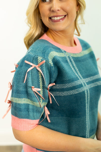Plaid Sweater with Puff Sleeves