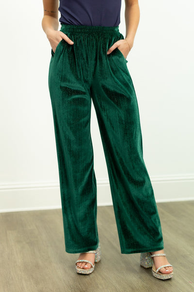Velvet Straight-Leg Pants, Green