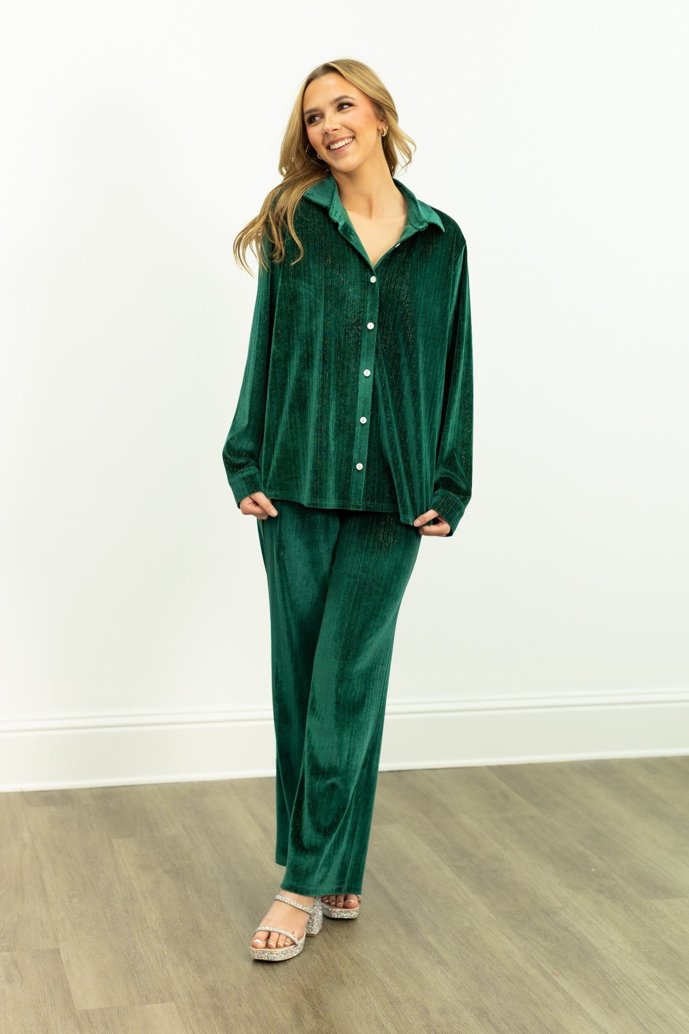 Velvet Straight-Leg Pants, Green