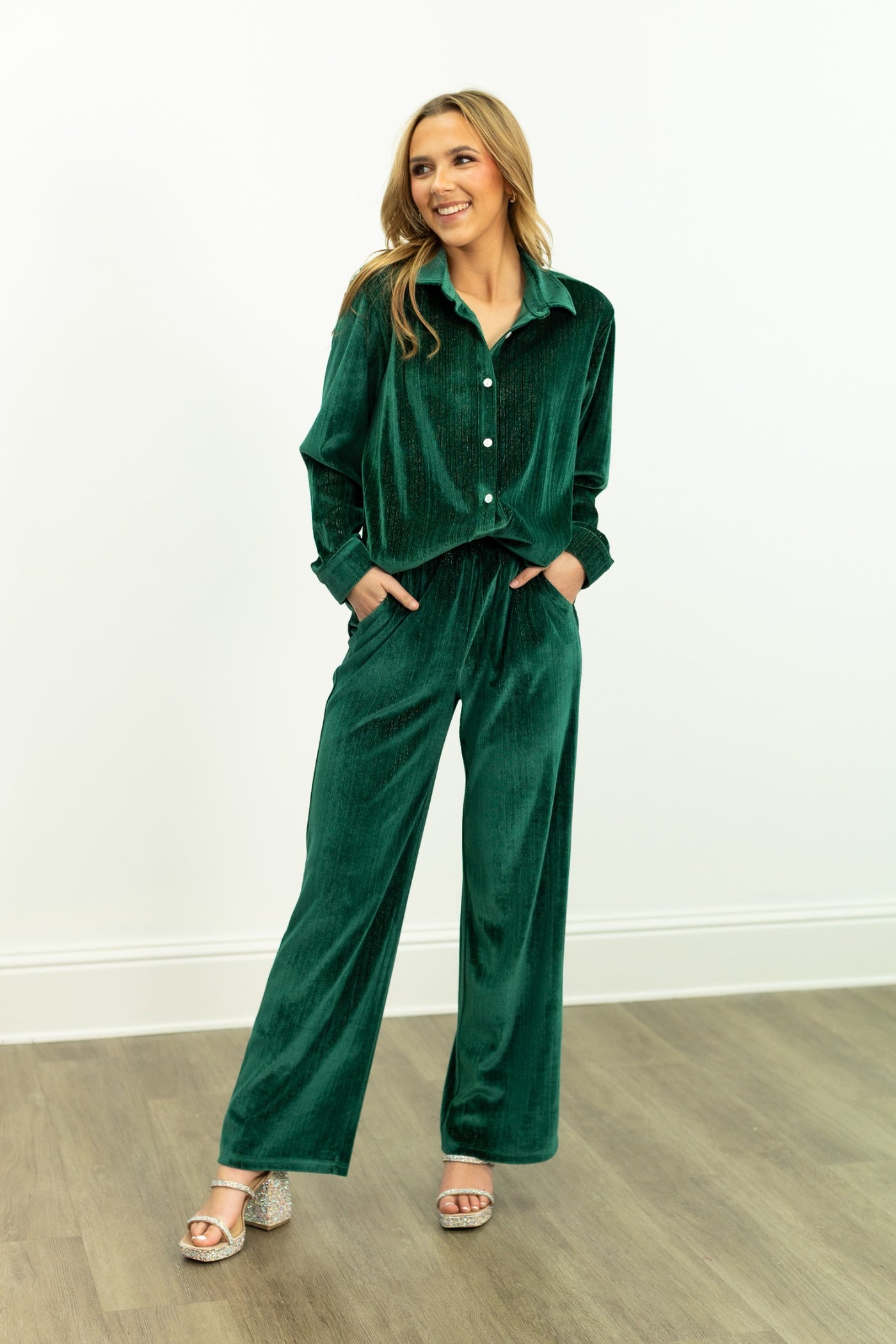 Velvet Straight-Leg Pants, Green