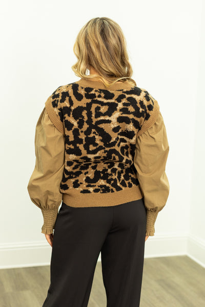 Leopard Sweater Vest with Tan Sleeves
