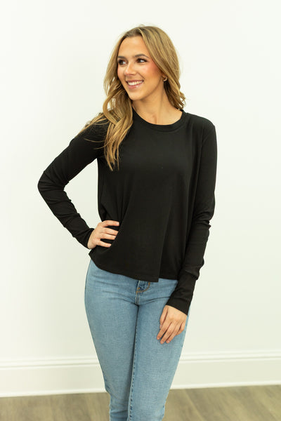 Ribbed Long-Sleeve Top, Black