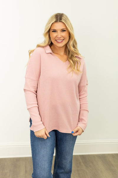 Waffle Knit Top, Pink