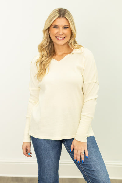 Waffle Knit Top, Ivory