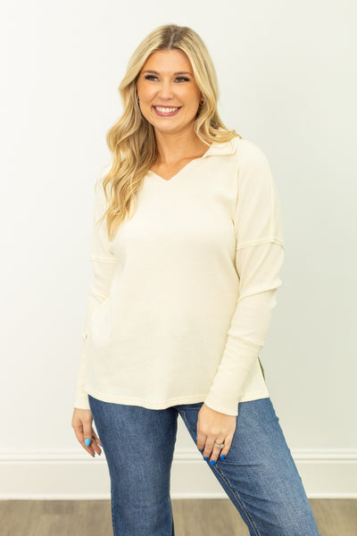 Waffle Knit Top, Ivory