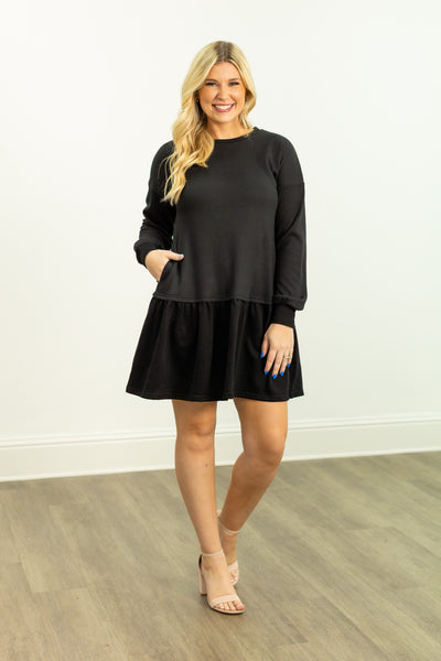 Waffle Knit Long-Sleeve Dress, Black