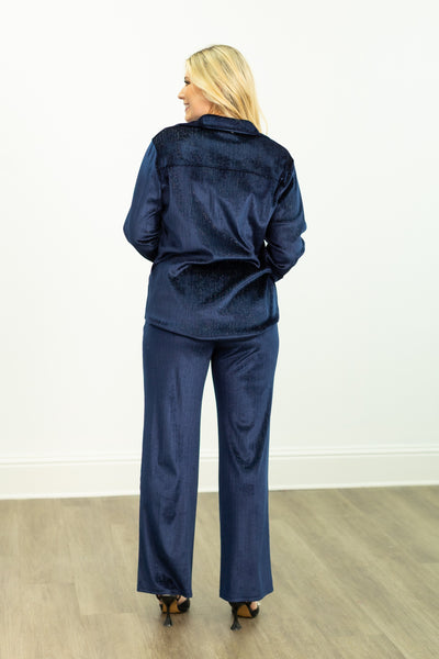 Velvet Button-Up Top, Navy