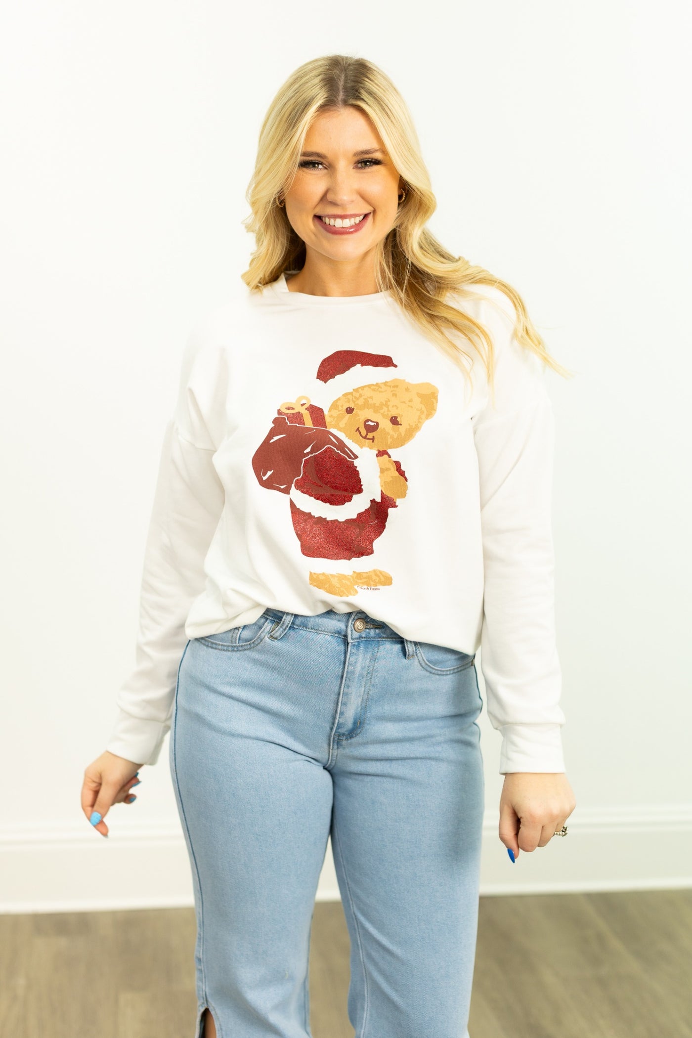 Teddy Bear Santa on French Terry Crewneck, White