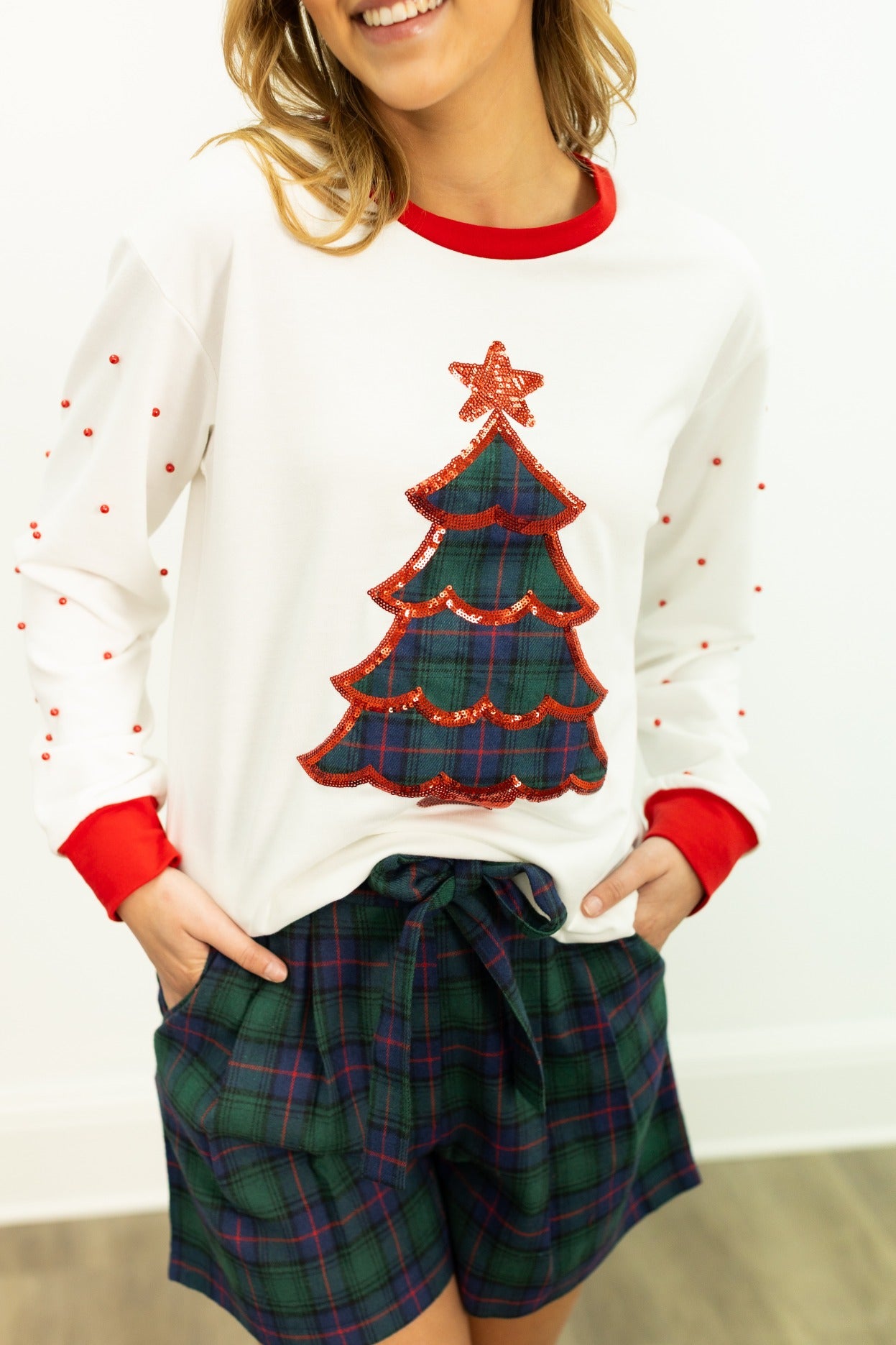 Plaid Tree Patch on Ivory Long-Sleeve Shirt