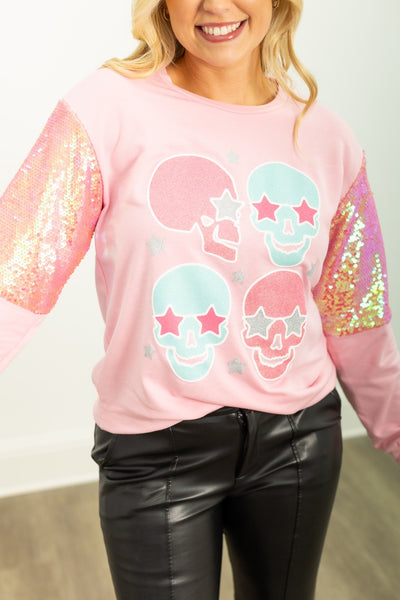 Candy Skull on Long-Sleeve Top, Pink