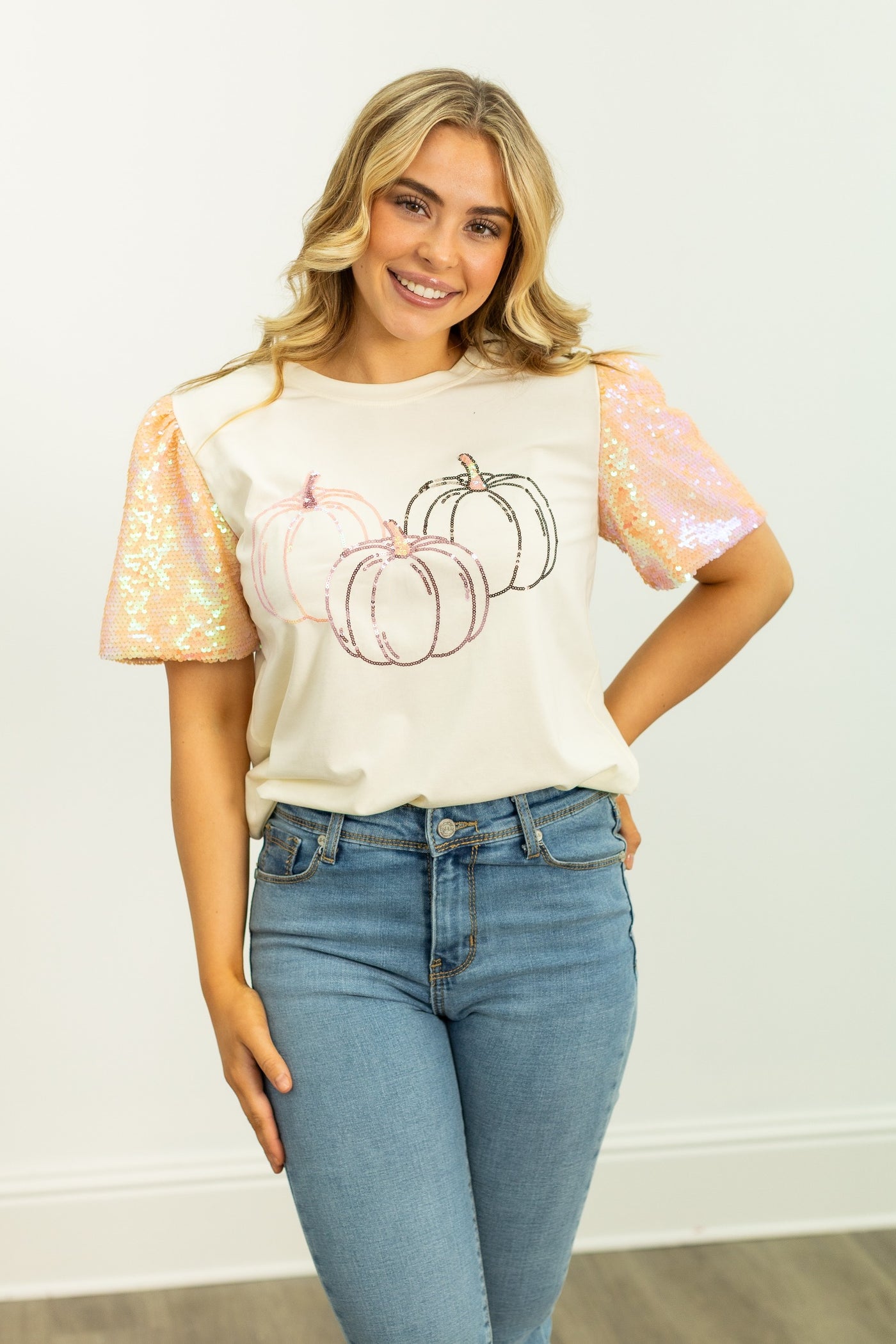 Trio Pumpkins on Princess Top, Cream