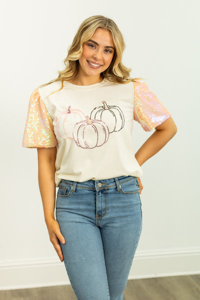 Trio Pumpkins on Princess Top, Cream