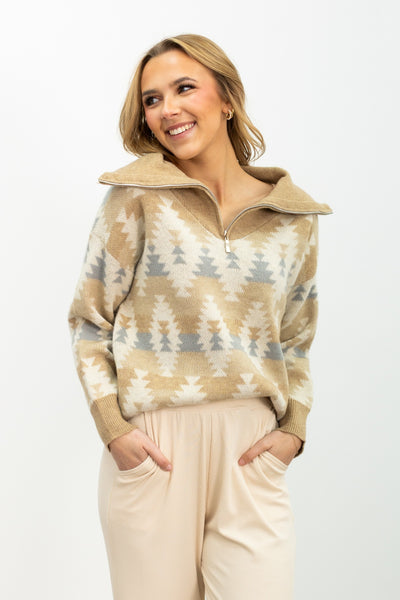 Beige Aztec Print Pullover