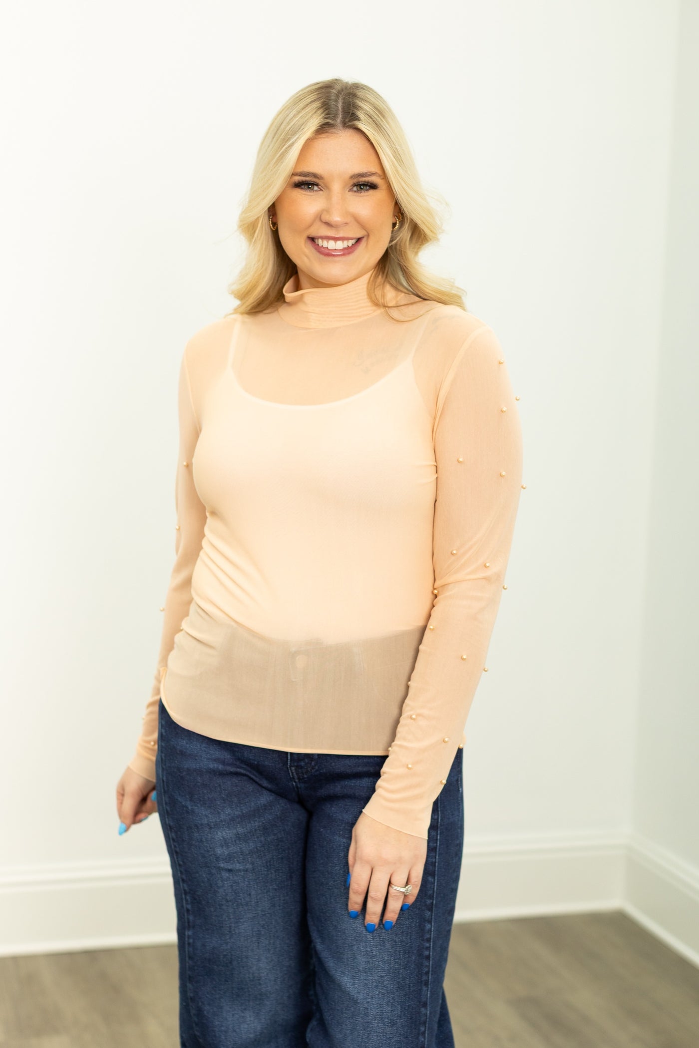 Mock Neck Mesh Top with Pearl Detail, Champagne