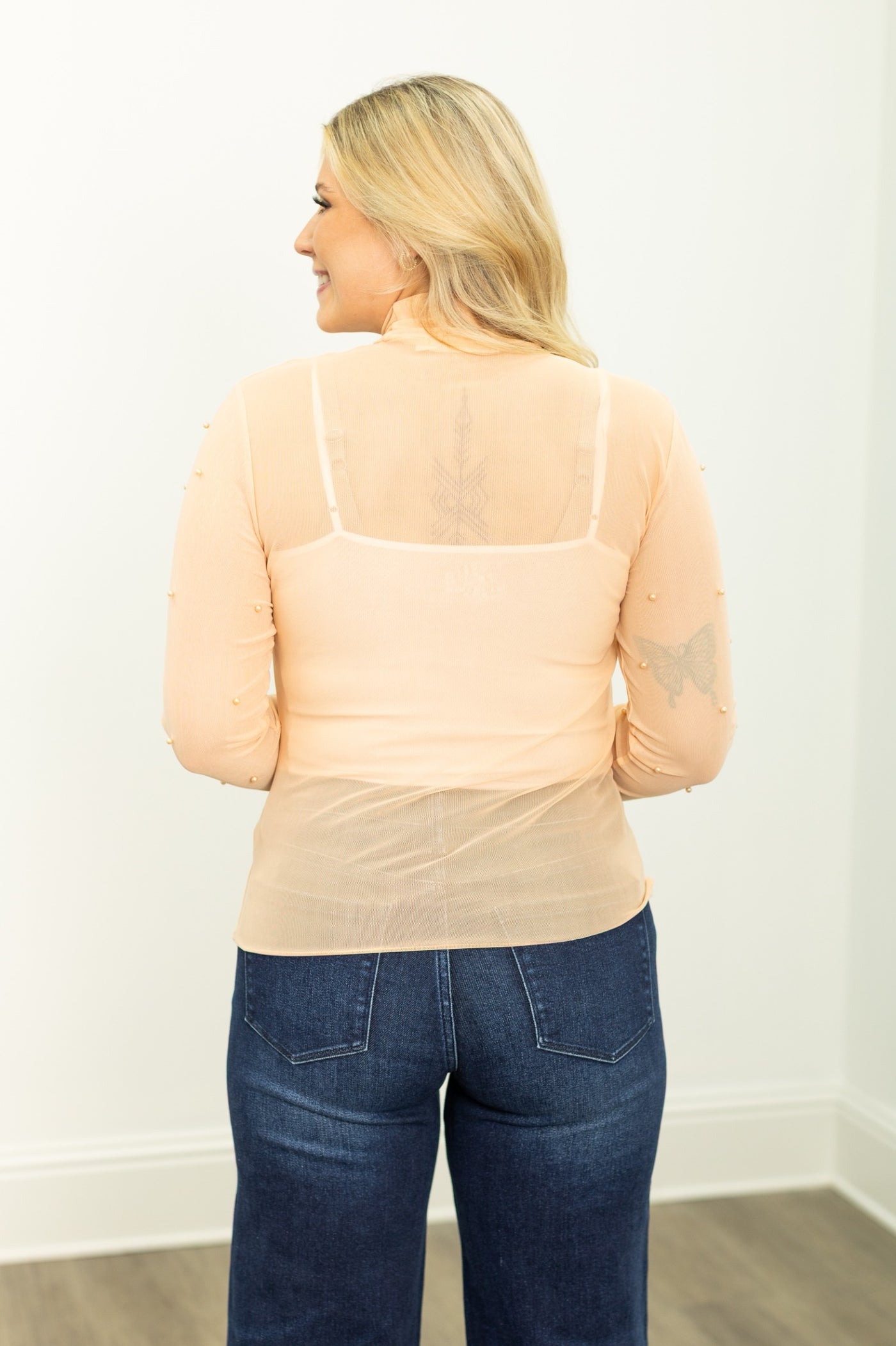 Mock Neck Mesh Top with Pearl Detail, Champagne