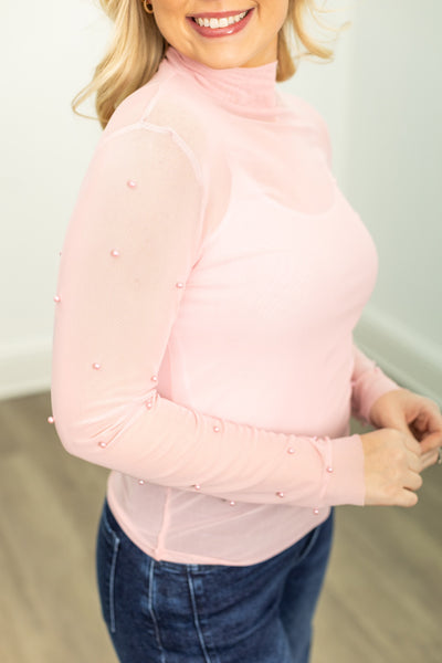 Mock Neck Mesh Top with Pearl Detail, Pink