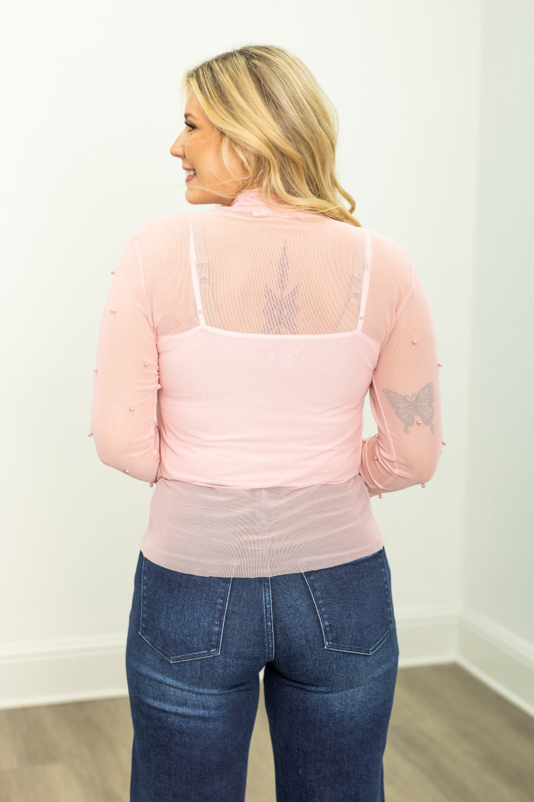 Mock Neck Mesh Top with Pearl Detail, Pink