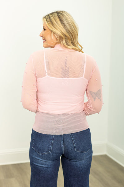 Mock Neck Mesh Top with Pearl Detail, Pink