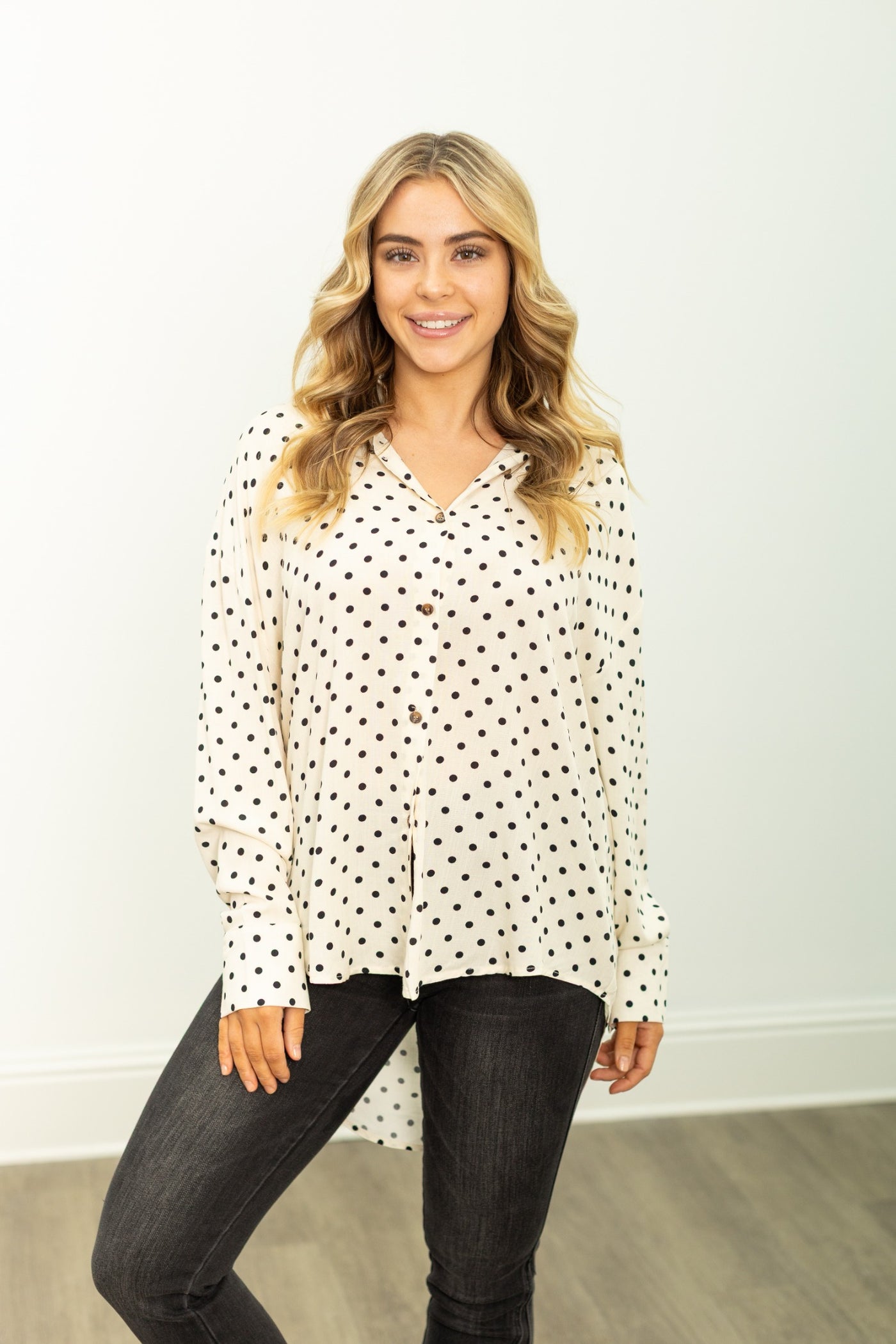 Kathryn Classic Button-Up, Ivory Polka-Dot