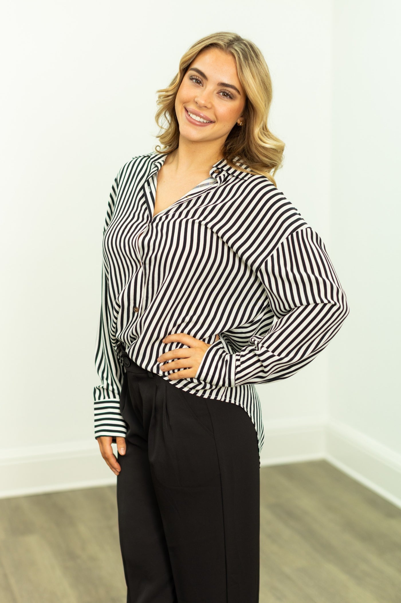 Kathryn Classic Button-Up, Black Stripes