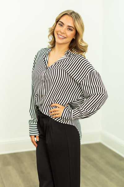 Kathryn Classic Button-Up, Black Stripes