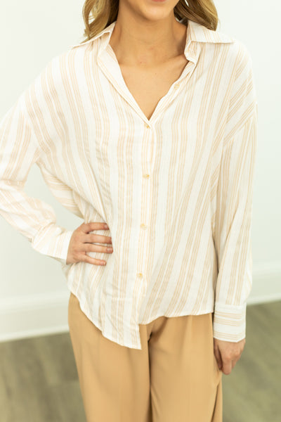 Kathryn Classic Button-Up, Beige Stripes