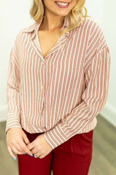 Kathryn Classic Button-Up, Red Stripes