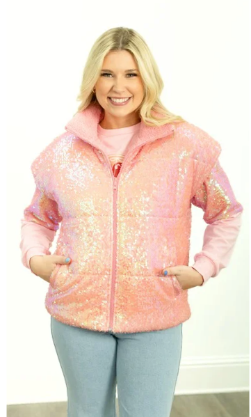 Sequin Puffer Vest, Pink
