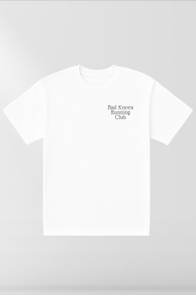Bad Knees Running Club on White Box Tee