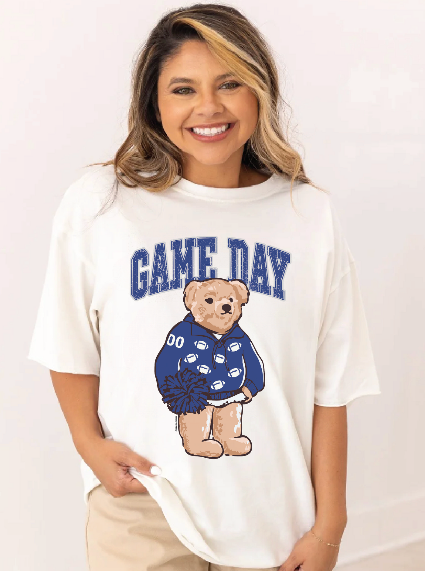 Blue Game Day Bear on White Tee Shirt