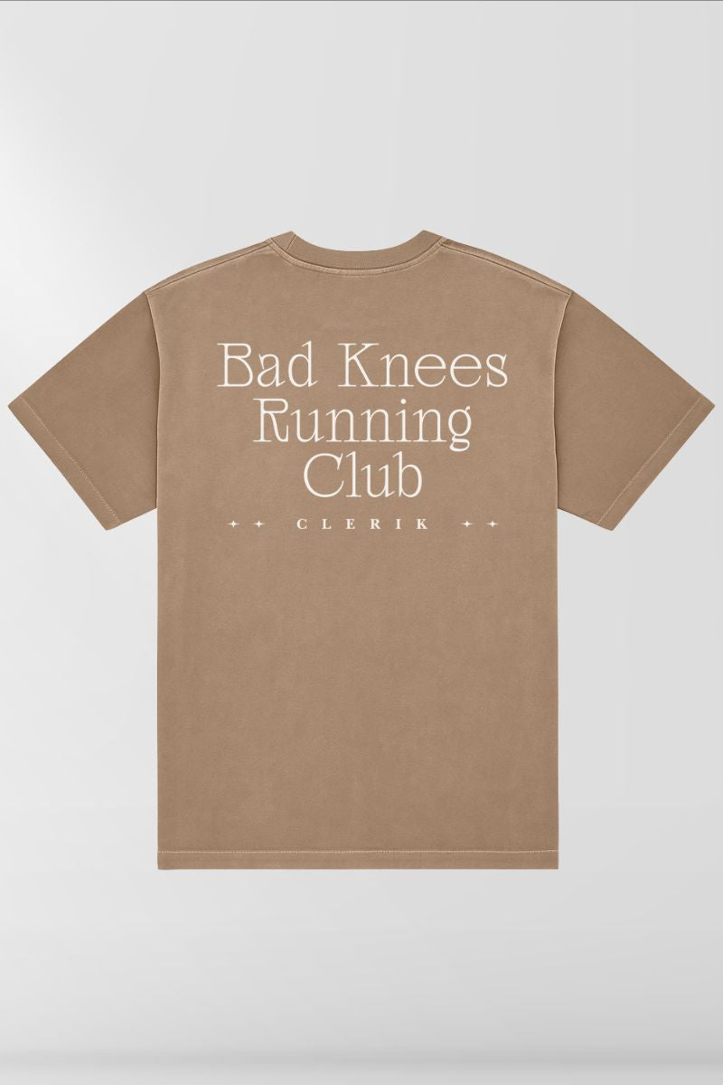 Bad Knees Running Club on Desert Taupe Box Tee