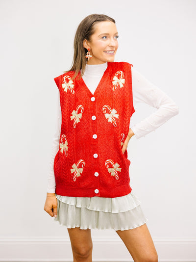 Red Shimmer Sweater Vest with Candy Cane Patches